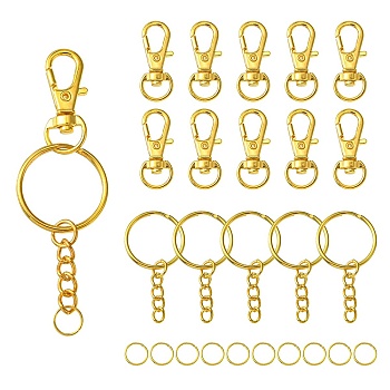 10Pcs Alloy Swivel Lobster Claw Clasps, Swivel Snap Hook, Jewellery Making Supplies, with 10Pcs Iron Split Key Rings and 10Pcs Iron Open Jump Rings, Golden, 30.5x11x6mm, Hole: 5x9mm