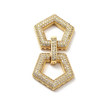 Brass Micro Pave Clear Cubic Zirconia Fold Over Clasps, Cadmium Free & Lead Free, Pentagon, Golden, 44x22x6mm, Hole: 0.5x2mm