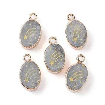 Natural Labradorite Pendants, Golden Plated Brass Oval Charms with Star, 17.5x10.5x5mm, Hole: 1.6mm