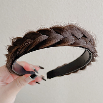 Fashion Style Plastic Wig Braided Hair Bands, with Teeth Non-slip Hair Band Accessories for Women, Coconut Brown, 150x130x45mm