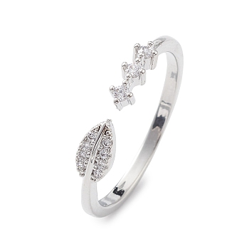 Clear Cubic Zirconia Leaf Open Cuff Ring, Brass Jewelry for Women, Platinum, Inner Diameter: 18mm