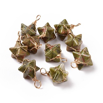 Natural Unakite Copper Wire Wrapped Pendants, Merkaba Star Charms, Golden, 26~31x20~21x13~15mm, Hole: 5~5.5mm