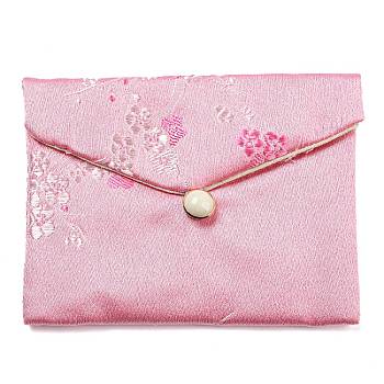 Chinese Style Floral Cloth Jewelry Storage Pouches, with Plastic Button, Rectangle Jewelry Gift Case for Bracelets, Earrings, Rings, Random Pattern, Pink, 8x10x0.3~0.7cm