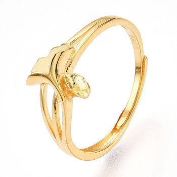 925 Sterling Silver Adjustable Ring Settings, with S925 Stamp, Apricot Leaf, Real 18K Gold Plated, US Size 8(18.1mm)