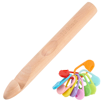 DIY Knitting Tools, including 10Pcs 10 Colors ABS Plastic Knitting Crochet Locking Stitch Markers Holder, 1Pc Wood Crochet Hooks, Mixed Color, 25x3cm