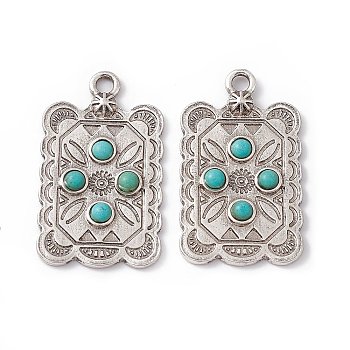 Synthetic Turquoise Pendants, Rectangle Charms, with Rack Plating Alloy Findings, Antique Silver, 33x19x3mm, Hole: 3mm