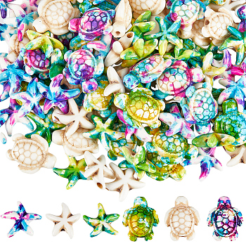 120Pcs 6 Styles Synthetic Turquoise Dyed Beads Strands, Fuel Injection Effect, Starfish & Sea Turtle, Mixed Color, 13.5~18x13.5~15x5~8mm, Hole: 1~1.6mm, 20pcs/style