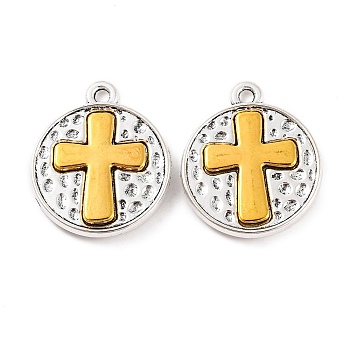 Tibetan Style Alloy Pendants, Flat Round with Cross, Cadmium Free & Lead Free, Antique Silver & Antique Golden, 23x19.5x3mm, Hole: 2mm