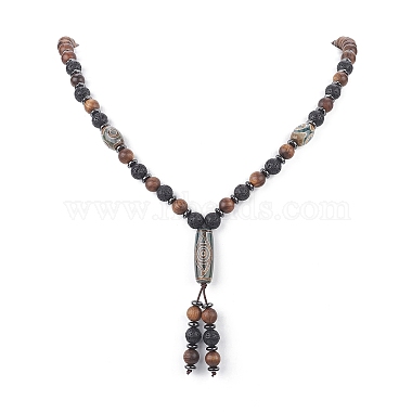 Natural Lava Rock & Synthetic Hematite & Wood Buddhist Necklace(NJEW-JN04305)-3