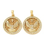 Brass Micro Pave Clear Cubic Zirconia Pendants, Flat Round with Eagle & Cross Charms, Rack Plating, Long-Lasting Plated, Cadmium Free & Lead Free, Real 18K Gold Plated, 22.5x20x2mm, Hole: 4x2.5mm(KK-A304-06G)