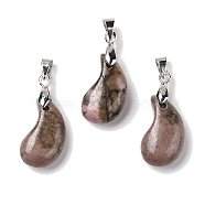 Natural Rhodonite Pendants, Magatama Shaped Charms with Platinum Tone Brass Snap on Bails, Long-Lasting Plated, Lead Free & Cadmium Free, 21.6x11.3x7.1mm, Hole: 5x4mm(G-NH0025-14P-10)