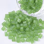 6/0 Transparent Glass Seed Beads, Frosted Colours, Square Hole, Cube, Green, 6/0, 3~5x3~4x3~4mm, Hole: 1.2~1.4mm, about 4500pcs/bag(SEED-S027-04B-11)