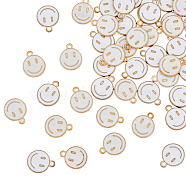 120Pcs Alloy Enamel Charms, Cadmium Free & Lead Free, Flat Round with Smiling Face, Light Gold, White, 14.5x12x1.5mm, Hole: 1.5mm(ENAM-FH0001-59)