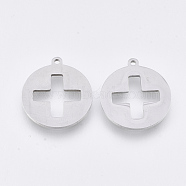 201 Stainless Steel Pendants, Laser Cut Pendants, Flat Round with Cross, Stainless Steel Color, 17.5x16x1mm, Hole: 1.2mm(STAS-T044-144P)