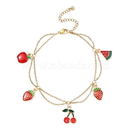 Alloy Enamel Fruit Charm Anklet, with Ion Plating(IP) Light Gold 304 Stainless Steel Cable Chains, Cherry, 8-1/8 inch(20.5cm)(AJEW-AN00560-02)