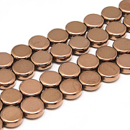 Electroplate Non-magnetic Synthetic Hematite Beads Strands, Flat Round, Copper Plated, 8x3mm, Hole: 0.5mm, about 56pcs/strand, 16.1 inch(G-T060-8mm-01E)