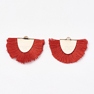 Polyester Tassel Pendant Decorations, with Brass Findings, Semicircle, Light Gold, Red, 25~27x32~35x3mm, Hole: 3x1.5mm(FIND-S272-07)
