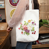 DIY Canvas Tote Bag Ribbon Embroidery Kit, including Embroidery Needles & Thread, White Cotton Fabric, Imitation Bamboo Embroidery Hoop, Flower Pattern, 390x340mm(PW23032229334)