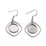 201 Stainless Steel Earring Hooks, with Quadrangle Blank Pendant Trays, Flat Round Setting for Cabochon, Stainless Steel Color, 38mm, 22 Gauge, Pin: 0.6mm(STAS-Z036-08P)