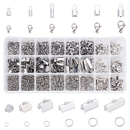 Unicraftale 1410Pcs Stainless Steel Findings Kits for DITY Jewelry Making, Including Lobster Claw Clasps & Jump Rings & Fold Over Crimp Cord Ends & Ribbon Crimp Ends, Stainless Steel Color(DIY-UN0002-49P)