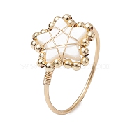 Natural Shell Star Braided Bead Style Ring, Brass Wire Wrap Finger Ring, Golden, US Size 8 1/4(18.3mm)(RJEW-JR00613)