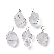 Natural Quartz Crystal Copper Wire Wrapped Pendants, Rock Crystal Nuggets Charms, Platinum, 29.5~37x14~22x9.5~17.5mm, Hole: 2.2mm(G-C110-06D-P)