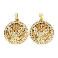 Brass Micro Pave Clear Cubic Zirconia Pendants, Flat Round with Eagle & Cross Charms, Rack Plating, Long-Lasting Plated, Cadmium Free & Lead Free, Real 18K Gold Plated, 22.5x20x2mm, Hole: 4x2.5mm(KK-A304-06G)