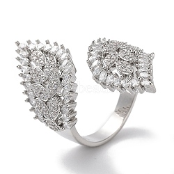 Brass Micro Pave Cubic Zirconia Cuff Rings, Long-Lasting Plated, Leaf, Platinum, Inner Diameter: 18.6mm(RJEW-G310-18P)