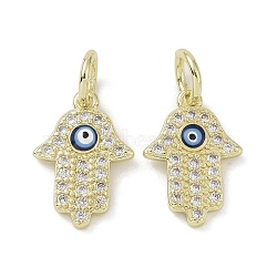 Real 18K Gold Plated Brass Micro Pave Cubic Zirconia Pendants, with Enamel and Jump Ring, Hamsa Hand Charms, Dark Blue, 15x10.5x2mm, Hole: 4mm(KK-L209-065G-02)