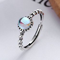 925 Sterling Silver & Natural Moonstone Adjustable Finger Rings, Antique Silver, Flat Round, Inner Diameter: 16~19mm(FS-WG9EA45-02)