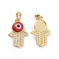 Brass Micro Pave Cubic Zirconia Pendants, with Handmade Evil Eye Lampwork, Hamsa Hand Charm, Real 18K Gold Plated, Red, 23x15x4mm, Hole: 4x6.5mm(ZIRC-F136-02G-01)