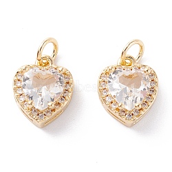 Brass Micro Pave Cubic Zirconia Charms, with Jump Ring, Long-Lasting Plated, Heart, Real 18K Gold Plated, Clear, 12.5x10x6.5mm, Hole: 3.6mm(ZIRC-A019-14G-B)