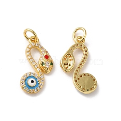 Rack Plating Brass Micro Pave Cubic Zirconia Pendants, with Jump Ring and Enamel, Lead Free & Cadmium Free, Snake with Evil Eye Charm, Real 18K Gold Plated, Deep Sky Blue, 19x13x2.5mm, Hole: 3.5mm(KK-D074-15G)