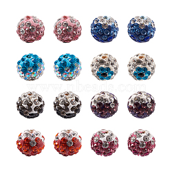 64Pcs 8 Colors Two-Tone Handmade Polymer Clay Disco Ball Beads, with Glass Rhinestone, Mixed Color, 9~10mm, Hole: 2mm, 8pcs/color(RB-SW0001-01)