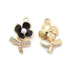 Alloy Rhinestone Enamel Pendants, with ABS Plastic Imitation Pearl Beads, Flower Charms, Black, 19.5x11x4mm, Hole: 1.5mm(ENAM-K020-02A)