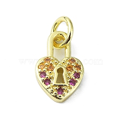 Brass Micro Pave Colorful Cubic Zirconia Pendants, with Jump Ring, Heart Padlock Charm, Real 18K Gold Plated, 11x7x2.5mm, Hole: 3mm(KK-H475-14G-07)