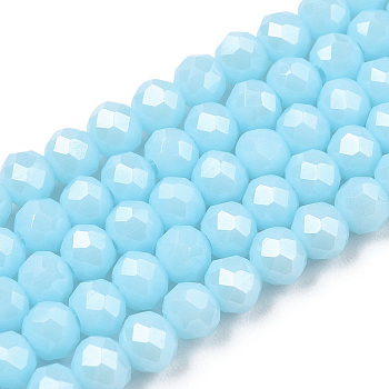 Electroplate Glass Beads Strands, Pearl Luster Plated, Faceted, Rondelle, Light Blue, 4x3mm, Hole: 0.4mm, about 113~115pcs/strand, 41~41.5cm