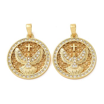 Brass Micro Pave Clear Cubic Zirconia Pendants, Flat Round with Eagle & Cross Charms, Rack Plating, Long-Lasting Plated, Cadmium Free & Lead Free, Real 18K Gold Plated, 22.5x20x2mm, Hole: 4x2.5mm