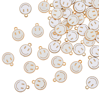 120Pcs Alloy Enamel Charms, Cadmium Free & Lead Free, Flat Round with Smiling Face, Light Gold, White, 14.5x12x1.5mm, Hole: 1.5mm