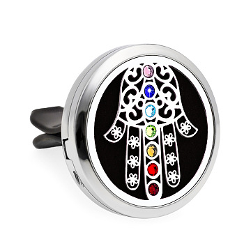 Colorful Rhinestone Aromatherapy Essential Oil Car Diffuser Vent Clips, with Perfume Pads, Chakra Yoga Theme Magnetic Alloy Air Freshener Locket Vent Decorations, Cute Automotive Interior Trim, Palm Pattern, 30mm