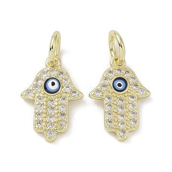 Real 18K Gold Plated Brass Micro Pave Cubic Zirconia Pendants, with Enamel and Jump Ring, Hamsa Hand Charms, Dark Blue, 15x10.5x2mm, Hole: 4mm