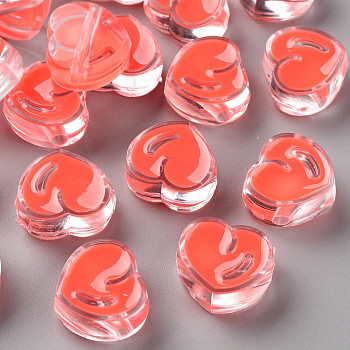 Transparent Enamel Acrylic Beads, Heart, Tomato, 20x21.5x9mm, Hole: 3.5mm