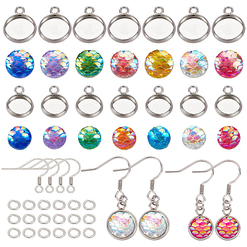 CHGCRAFT DIY Flat Round with Fish Scale Dangle Earring Making Kits, Including Resin Cabochons, 304 Stainless Steel Pendant Cabochon Settings & Earring Hooks, Stainless Steel Color, 494pcs/box
