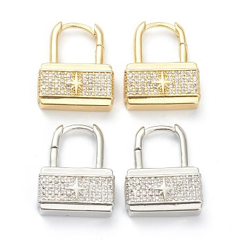 Brass Micro Pave Clear Cubic Zirconia Huggie Hoop Earrings, Padlock with Star, Mixed Color, 19x15.5x4.5mm, Pin: 0.8mm