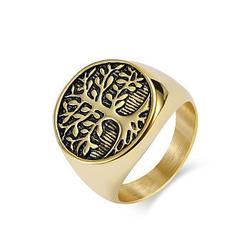 Retro Titanium Steel Tree of Life Finger Ring, Wide Band Ring, Antique Golden, Inner Diameter: 18mm