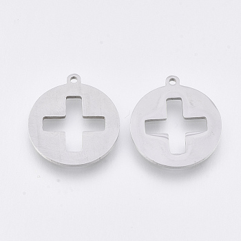 201 Stainless Steel Pendants, Laser Cut Pendants, Flat Round with Cross, Stainless Steel Color, 17.5x16x1mm, Hole: 1.2mm