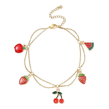Alloy Enamel Fruit Charm Anklet, with Ion Plating(IP) Light Gold 304 Stainless Steel Cable Chains, Cherry, 8-1/8 inch(20.5cm)