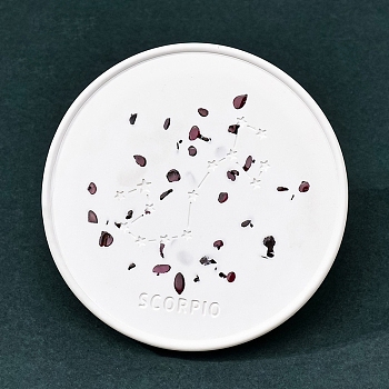 Twelve Constellations Plaster Coaster, with Natural Garnet Clips, Flat Round, Scorpio, 100mm