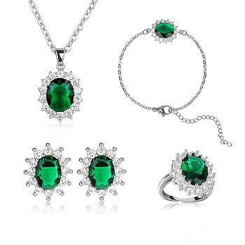 Cubic Zirconia Oval Pendant Necklace & Link Bracelet & Cuff Ring & Stud Earrings, Platinum Brass Jewelry Set for Women, Green, 413mm, 167mm, Inner Diameter: 17mm, 13.5x11.5mm, Pin: 0.7mm
