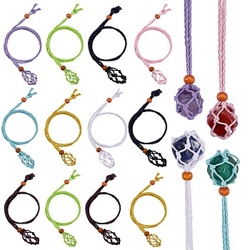 16Pcs 8 Style Adjustable Braided Waxed Cord Macrame Pouch Necklace Making, Interchangeable Stone, with Wood Beads, Mixed Color, 60~65cm, 2pcs/style